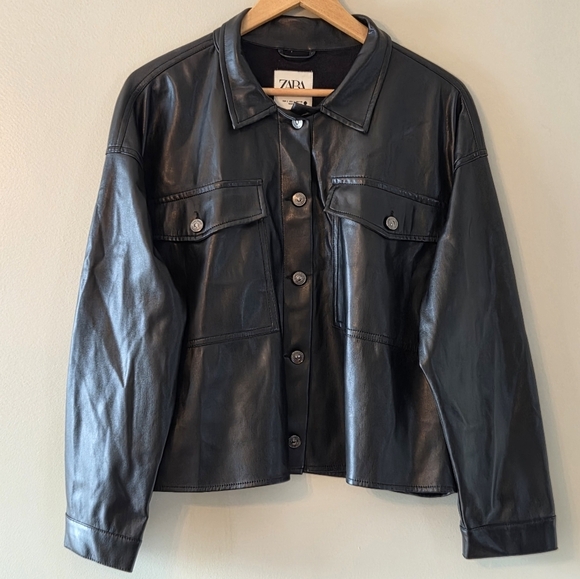 Zara Women's Faux Leather Oversize Cropped Button Down Shirt Black Size Large - Picture 7 of 12